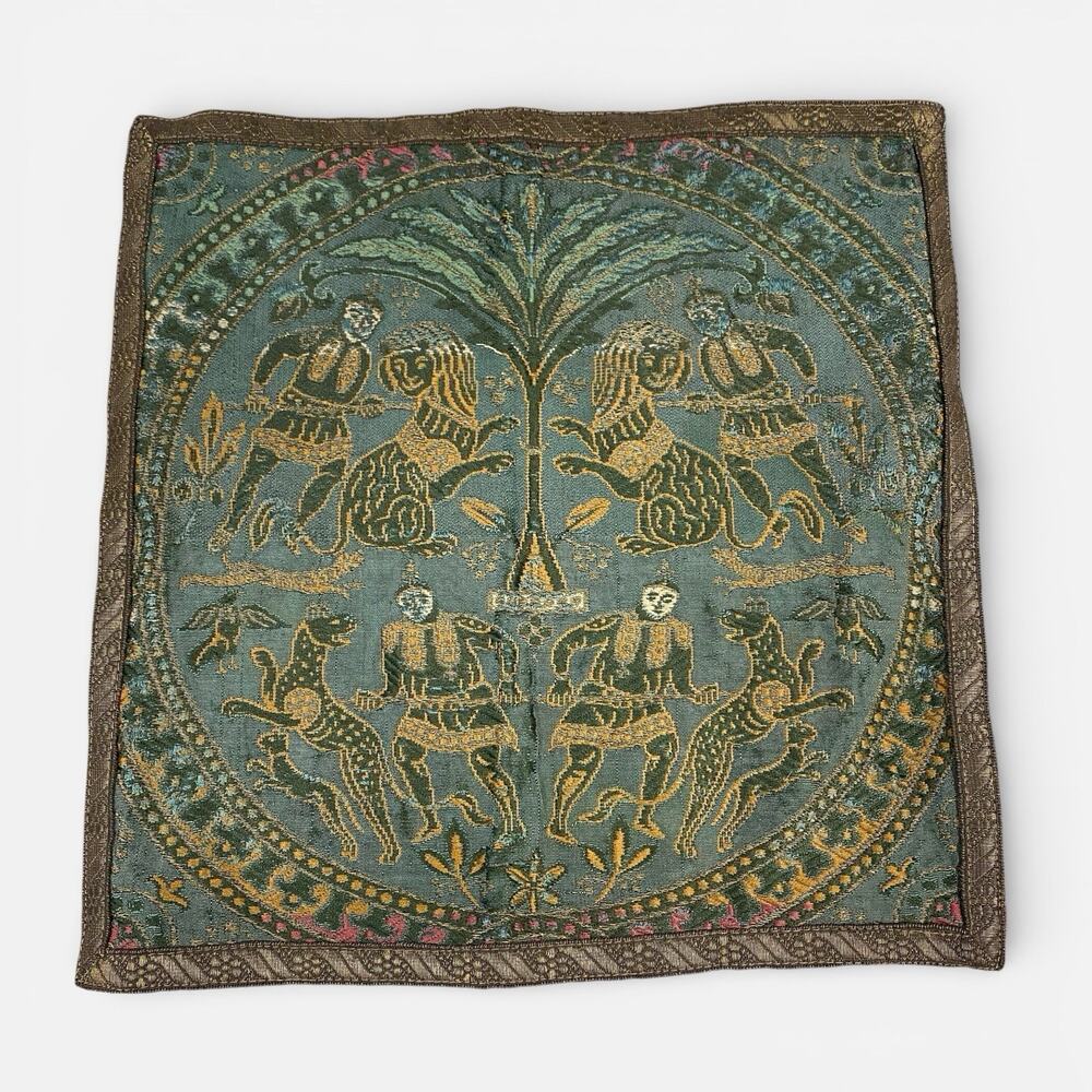 Antique Tapestry Asian Hunters Warriors Dragon Animal 11”x11” Early 1900s